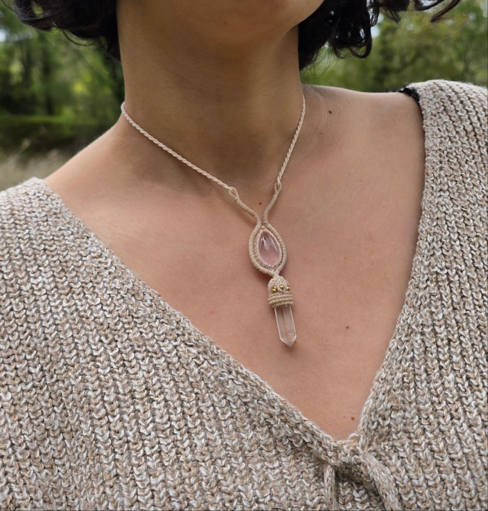 Collier quartz rose et cristal de roche